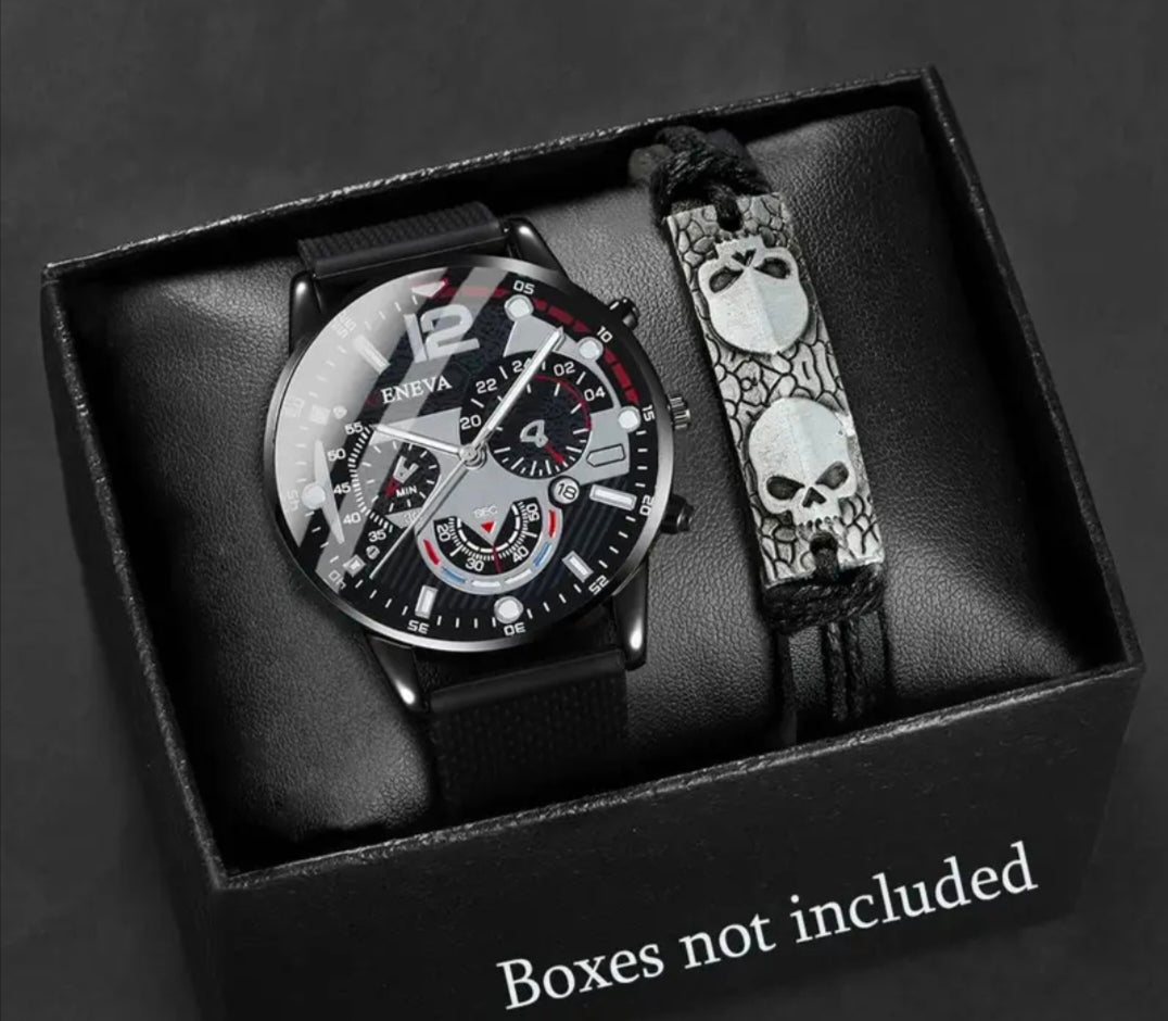 Herren Casual Quartz Uhr mit Totenkopfarmband